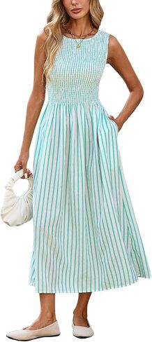 Women's Summer Striped Sleeveless Maxi Dress Smocked Swing A Line Beach Vacation Dress with Pockets in Saudi Arabia