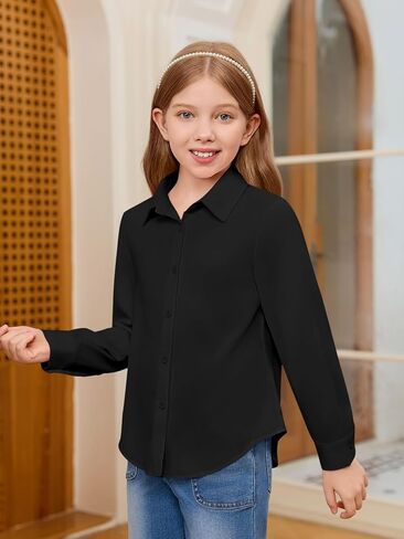 Haloumoning Girls Button Down Shirts Kids Long Sleeve Dress Shirts School Uniform Blouse 5-14 Years in Saudi Arabia