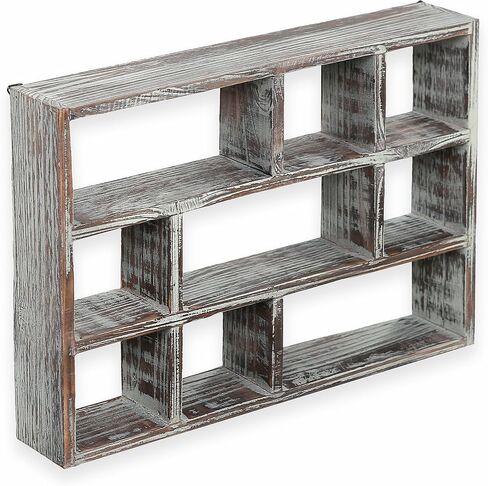 MyGift 9 Compartment Rustic Torched Solid Wood Box ، علبة عرض جدار قابلة للتركيب ، رف قائم بذاته أو عائم للتماثيل القابلة للتحصيل ، العصارة in Saudi Arabia