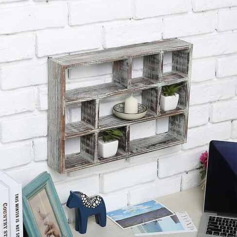 MyGift 9 Compartment Rustic Torched Solid Wood Box ، علبة عرض جدار قابلة للتركيب ، رف قائم بذاته أو عائم للتماثيل القابلة للتحصيل ، العصارة in Saudi Arabia