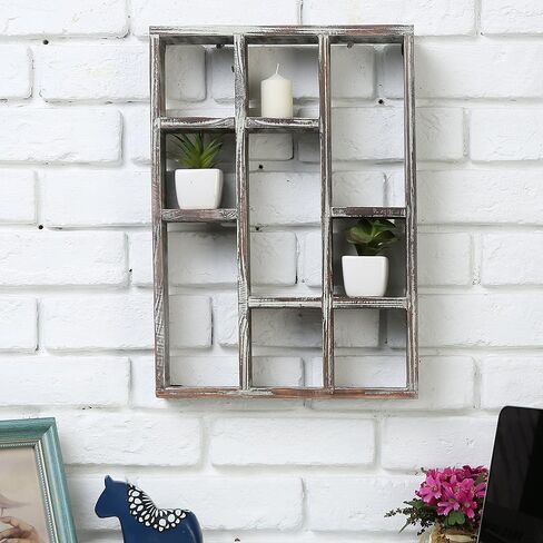 MyGift 9 Compartment Rustic Torched Solid Wood Box ، علبة عرض جدار قابلة للتركيب ، رف قائم بذاته أو عائم للتماثيل القابلة للتحصيل ، العصارة in Saudi Arabia