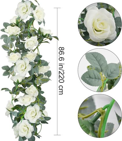 زهرة جارلاند روز كرمة 4pcs 28ft إكليل الأزهار الاصطناعية مع أوراق خضراء معلقة كرمة وردة لحفل الزفاف حديقة جدار المنزل (أبيض) in Kuwait