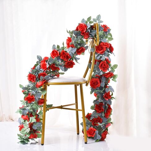 زهرة جارلاند روز كرمة 4pcs 28ft إكليل الأزهار الاصطناعية مع أوراق خضراء معلقة كرمة وردة لحفل الزفاف حديقة جدار المنزل (أبيض) in Kuwait