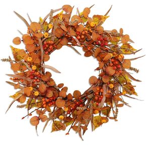 Fall Wreaths For Front Door 22 Inch Artificial Autumn Wreath with Eucalyptus leaves、Pumpkin、Red berries、Fall leaves suitable for Indoor Outdoor Porch Harvest Festival Thanksgiving Day Farmhouse Decor. in Saudi Arabia