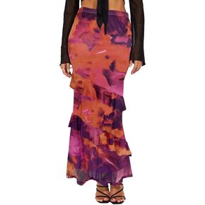 WISFRUIT Women's Floral Print Mesh Maxi Skirt Tiered Ruffle High Waisted Flowy Summer Long Skirt in Kuwait