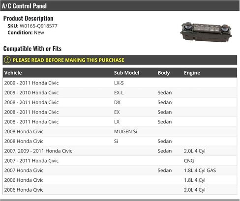 لوحة التحكم A/C - متوافقة مع 2006-2011 Honda Civic سيدان in Saudi Arabia