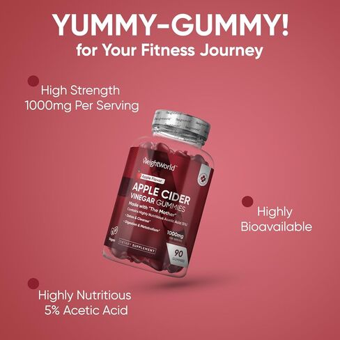 Wouldworld Apple Cider Cider Gummies with the Mother 1000mg - 90 Gummies - إضافة فيتامين B6 و B12 و B9 (حمض الفوليك) و C للتخلص من السموم والتنظيف والهضم والتمثيل الغذائي - نكهة التفاح الطبيعية اللذيذة in Kuwait