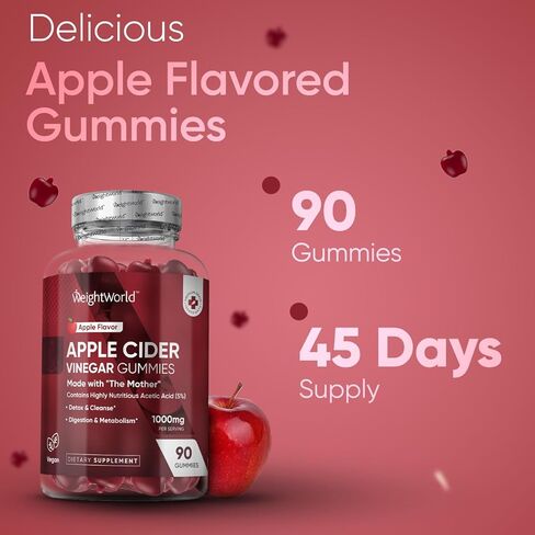 Wouldworld Apple Cider Cider Gummies with the Mother 1000mg - 90 Gummies - إضافة فيتامين B6 و B12 و B9 (حمض الفوليك) و C للتخلص من السموم والتنظيف والهضم والتمثيل الغذائي - نكهة التفاح الطبيعية اللذيذة in Kuwait