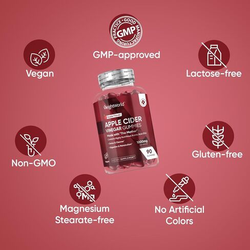 Wouldworld Apple Cider Cider Gummies with the Mother 1000mg - 90 Gummies - إضافة فيتامين B6 و B12 و B9 (حمض الفوليك) و C للتخلص من السموم والتنظيف والهضم والتمثيل الغذائي - نكهة التفاح الطبيعية اللذيذة in Kuwait