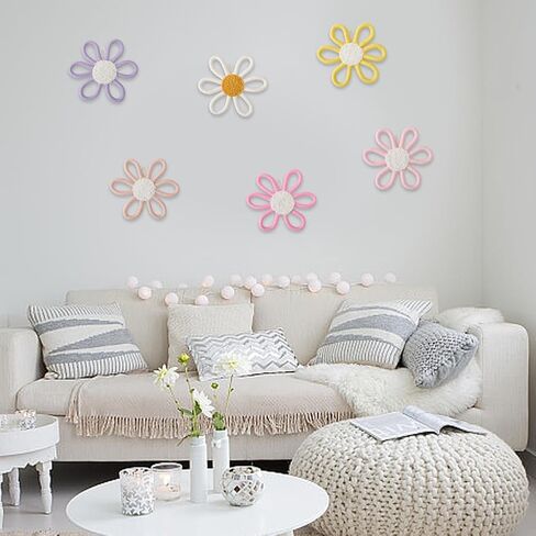 CRASPIRE 6Pcs 3 Colors Flower Daisy Wall Decor Boho Floral Nursery Decor Wall Hanging Art Cotton Woven Macrame Flowers Sign Bohemian Plaque Decorations for Home Kids Home Bedroom Baby Toddler Gifts in Saudi Arabia