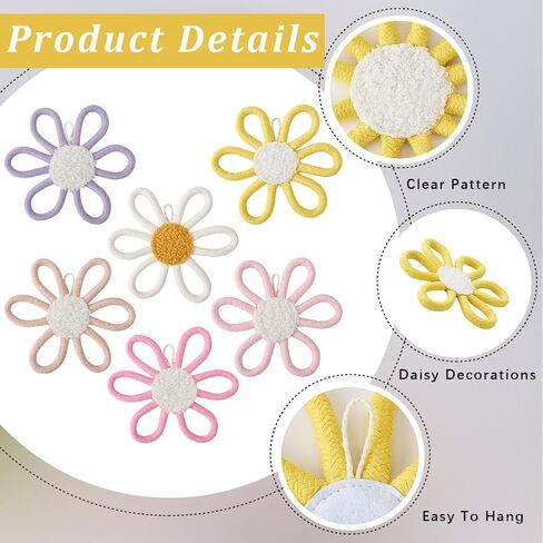CRASPIRE 6Pcs 3 Colors Flower Daisy Wall Decor Boho Floral Nursery Decor Wall Hanging Art Cotton Woven Macrame Flowers Sign Bohemian Plaque Decorations for Home Kids Home Bedroom Baby Toddler Gifts in Saudi Arabia