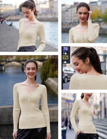 v28 Women Tops Long Sleeve V Neck Henley Button Up Casual Sexy Slim Fit Ribbed Knit Knitwear Pullover Sweater in Kuwait