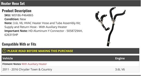 Heater Hose Set - Compatible with 2011-2016 Chrysler Town and Country 3.6L V6 (with Auxiliary Heater) in Saudi Arabia