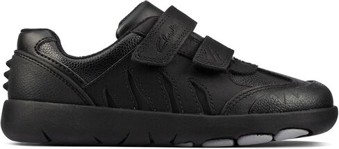 Clarks Boy's Rex Stride Black Leather School Shoes | Riptape Fastening | Dino Inspired | Toe Bumper | Wide Fit Available in Saudi Arabia