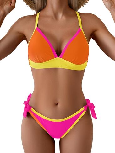 B2prity Two Piece Bikini Sets for Women V Neck Triangle Bathing Suit Sexy Tie Side Swimsuit Color Block Swimwear in Kuwait