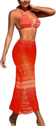 Kaei&Shi Women 3 Piece Crochet Swimsuit,Halter Triangle Bikini Sets with Ombre Cover Up in Saudi Arabia