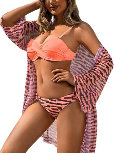 Push Up Bikini Set with Maze Mesh Cover Up, Wrap Molded-Cup Bra Low-Rise Buttom, Sexy Cheeky Swimsuits Women in Saudi Arabia