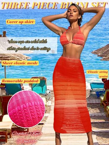 Kaei&Shi Women 3 Piece Crochet Swimsuit,Halter Triangle Bikini Sets with Ombre Cover Up in Saudi Arabia