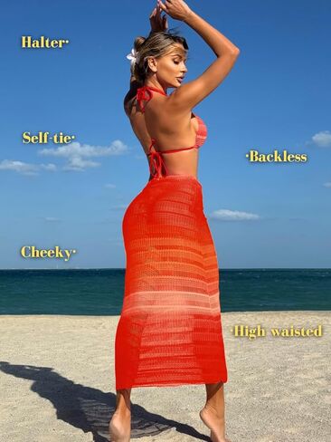 Kaei&Shi Women 3 Piece Crochet Swimsuit,Halter Triangle Bikini Sets with Ombre Cover Up in Saudi Arabia