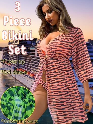 Push Up Bikini Set with Maze Mesh Cover Up, Wrap Molded-Cup Bra Low-Rise Buttom, Sexy Cheeky Swimsuits Women in Saudi Arabia