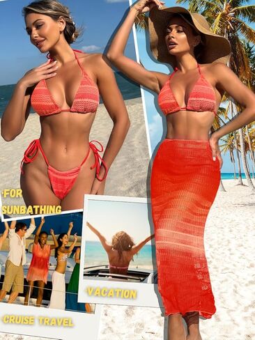Kaei&Shi Women 3 Piece Crochet Swimsuit,Halter Triangle Bikini Sets with Ombre Cover Up in Saudi Arabia