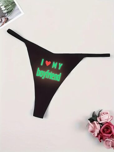 I Love My Boyfriend Thong Glow in the Dark Panties, Ultra-Soft Comfy Intimates, Sexy Lingerie & Underwear for Women, Unique Heart Print Design, Black (Large)(8-10), Black/Red in Saudi Arabia