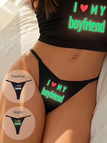 I Love My Boyfriend Thong Glow in the Dark Panties, Ultra-Soft Comfy Intimates, Sexy Lingerie & Underwear for Women, Unique Heart Print Design, Black (Large)(8-10), Black/Red in Saudi Arabia