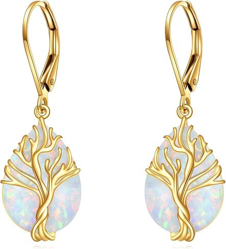 14K Real Gold Tree of Life Earrings for Women Solid Yellow Gold Opal Leverback Earrings Delicate Jewelry Birthday Gifts for Wife Mom in Saudi Arabia