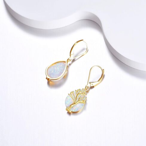 14K Real Gold Tree of Life Earrings for Women Solid Yellow Gold Opal Leverback Earrings Delicate Jewelry Birthday Gifts for Wife Mom in Saudi Arabia