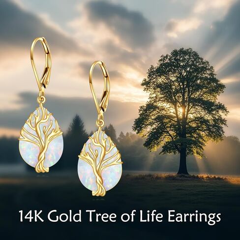 14K Real Gold Tree of Life Earrings for Women Solid Yellow Gold Opal Leverback Earrings Delicate Jewelry Birthday Gifts for Wife Mom in Saudi Arabia