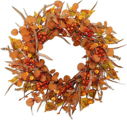 Fall Wreaths For Front Door 22 Inch Artificial Autumn Wreath with Eucalyptus leaves、Pumpkin、Red berries、Fall leaves suitable for Indoor Outdoor Porch Harvest Festival Thanksgiving Day Farmhouse Decor. in Saudi Arabia