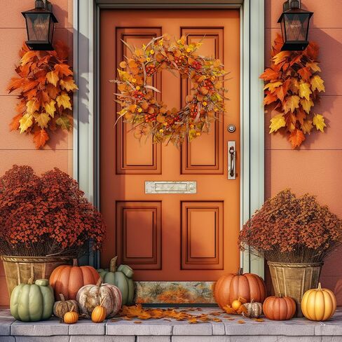Fall Wreaths For Front Door 22 Inch Artificial Autumn Wreath with Eucalyptus leaves、Pumpkin、Red berries、Fall leaves suitable for Indoor Outdoor Porch Harvest Festival Thanksgiving Day Farmhouse Decor. in Saudi Arabia