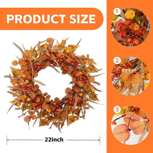 Fall Wreaths For Front Door 22 Inch Artificial Autumn Wreath with Eucalyptus leaves、Pumpkin、Red berries、Fall leaves suitable for Indoor Outdoor Porch Harvest Festival Thanksgiving Day Farmhouse Decor. in Saudi Arabia