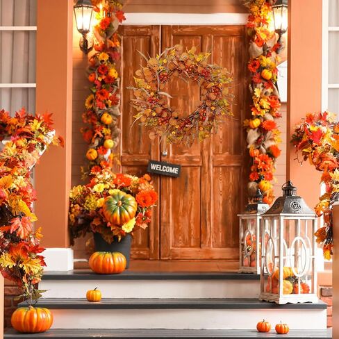 Fall Wreaths For Front Door 22 Inch Artificial Autumn Wreath with Eucalyptus leaves、Pumpkin、Red berries、Fall leaves suitable for Indoor Outdoor Porch Harvest Festival Thanksgiving Day Farmhouse Decor. in Saudi Arabia
