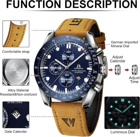 Ln Lenqin Mens Watches Leather Wather Watch Watchenog Watch for Men Men Luminous Luxury Fashion Business عرضة 30 مترًا معصمًا للرجال المعصمين مع تاريخ in Kuwait