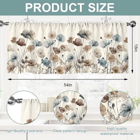 Floral Curtain Valance 54 x 18 Inch Brown Flower Valance Curtain Rod Pocket Vintage Short Window Treatment for Home Party Window Decor in Saudi Arabia