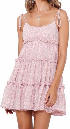 AELSON Sundresses for Women 2025 Floral Summer Dress Boho Flowy Cute Dresses Spaghetti Strap Sleeveless Ruffle Mini Dress in Kuwait