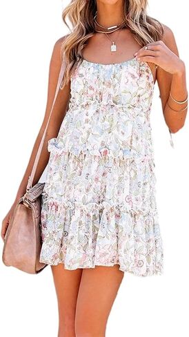 AELSON Sundresses for Women 2025 Floral Summer Dress Boho Flowy Cute Dresses Spaghetti Strap Sleeveless Ruffle Mini Dress in Kuwait