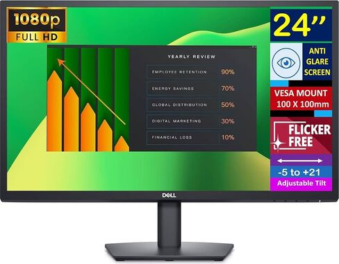 شاشة Dell مقاس 24 بوصة FHD VA (1920x1080) 60 هرتز خالية من الوميض، شاشة مضادة للتوهج، 1 x DisplayPort، 1 x VGA، حامل VESA (100x100 مم)، مثالية للمنزل والأعمال، لون أسود (أحدث طراز 2024) in Saudi Arabia