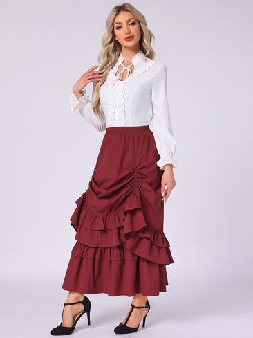 Allegra K Vintage Gothic Victorian Skirt for Women's Steampunk Ruffle Layered Drawstring Renaissance Cupcake Skirts in Saudi Arabia