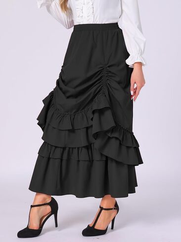 Allegra K Vintage Gothic Victorian Skirt for Women's Steampunk Ruffle Layered Drawstring Renaissance Cupcake Skirts in Kuwait