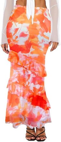 WISFRUIT Women's Floral Print Mesh Maxi Skirt Tiered Ruffle High Waisted Flowy Summer Long Skirt in Kuwait