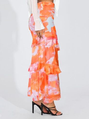 WISFRUIT Women's Floral Print Mesh Maxi Skirt Tiered Ruffle High Waisted Flowy Summer Long Skirt in Kuwait