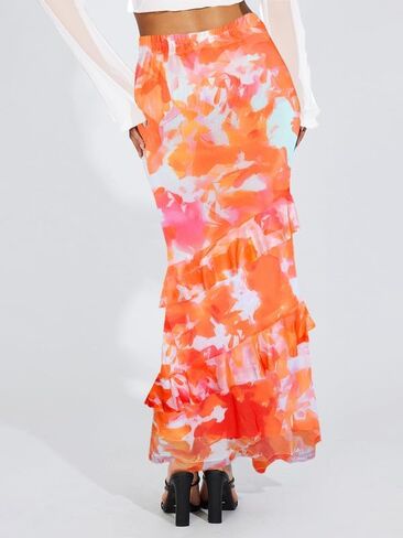 WISFRUIT Women's Floral Print Mesh Maxi Skirt Tiered Ruffle High Waisted Flowy Summer Long Skirt in Kuwait