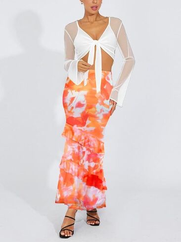 WISFRUIT Women's Floral Print Mesh Maxi Skirt Tiered Ruffle High Waisted Flowy Summer Long Skirt in Kuwait