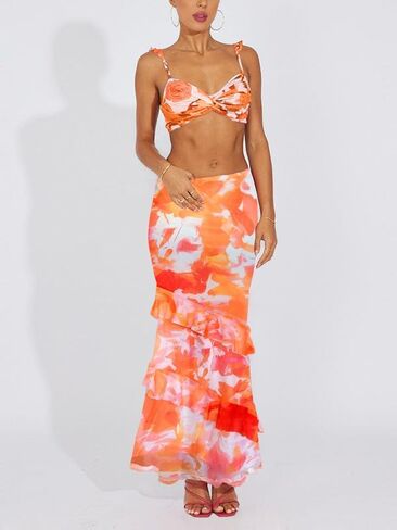 WISFRUIT Women's Floral Print Mesh Maxi Skirt Tiered Ruffle High Waisted Flowy Summer Long Skirt in Kuwait