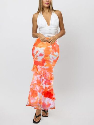 WISFRUIT Women's Floral Print Mesh Maxi Skirt Tiered Ruffle High Waisted Flowy Summer Long Skirt in Kuwait