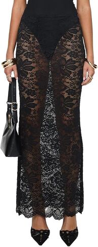 Women Fairy Lace Maxi Skirt Y2K Vintage Sheer Mesh Lace Floral Bodycon Long Skirt Sexy See-Through Half Slip Skirts in Saudi Arabia