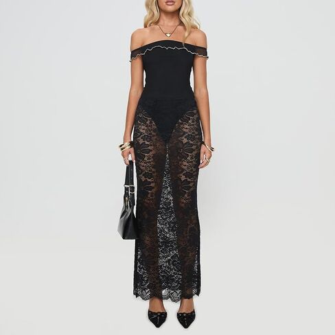 Women Fairy Lace Maxi Skirt Y2K Vintage Sheer Mesh Lace Floral Bodycon Long Skirt Sexy See-Through Half Slip Skirts in Saudi Arabia
