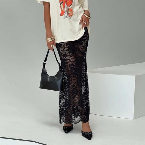 Women Fairy Lace Maxi Skirt Y2K Vintage Sheer Mesh Lace Floral Bodycon Long Skirt Sexy See-Through Half Slip Skirts in Saudi Arabia